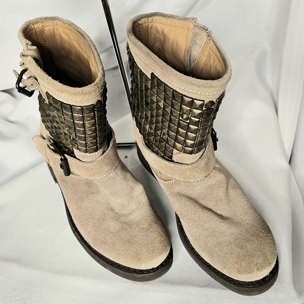 "ASH" Beige and Bronze Studded Combat Boots - Picture 2 of 2